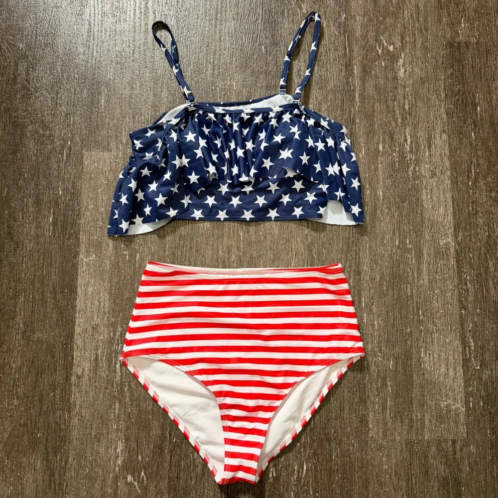 Unbranded Bikini‎ Set Women Small Red White Blue Stars Stripes High Waist Ruffle